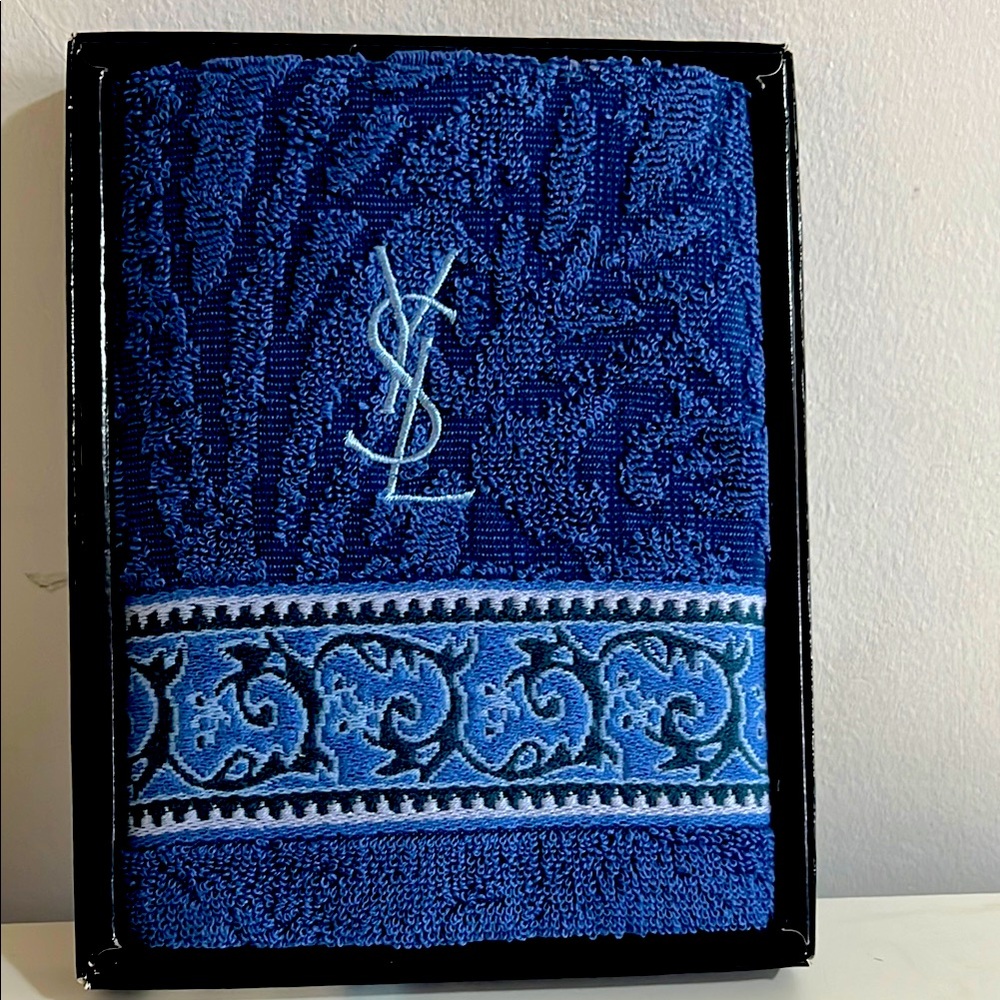 YSL Blue Embroidered Towel 14”x14”